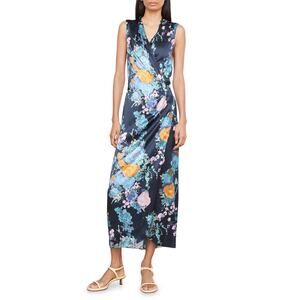 Vince Painted Bouquet Sleeveless Satin Wrap Dress - M